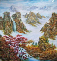 郁郁葱葱山水油画